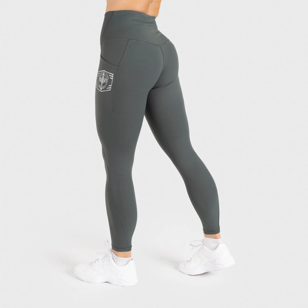 High Waisted Clan Helmet Leggings, Smokey Green