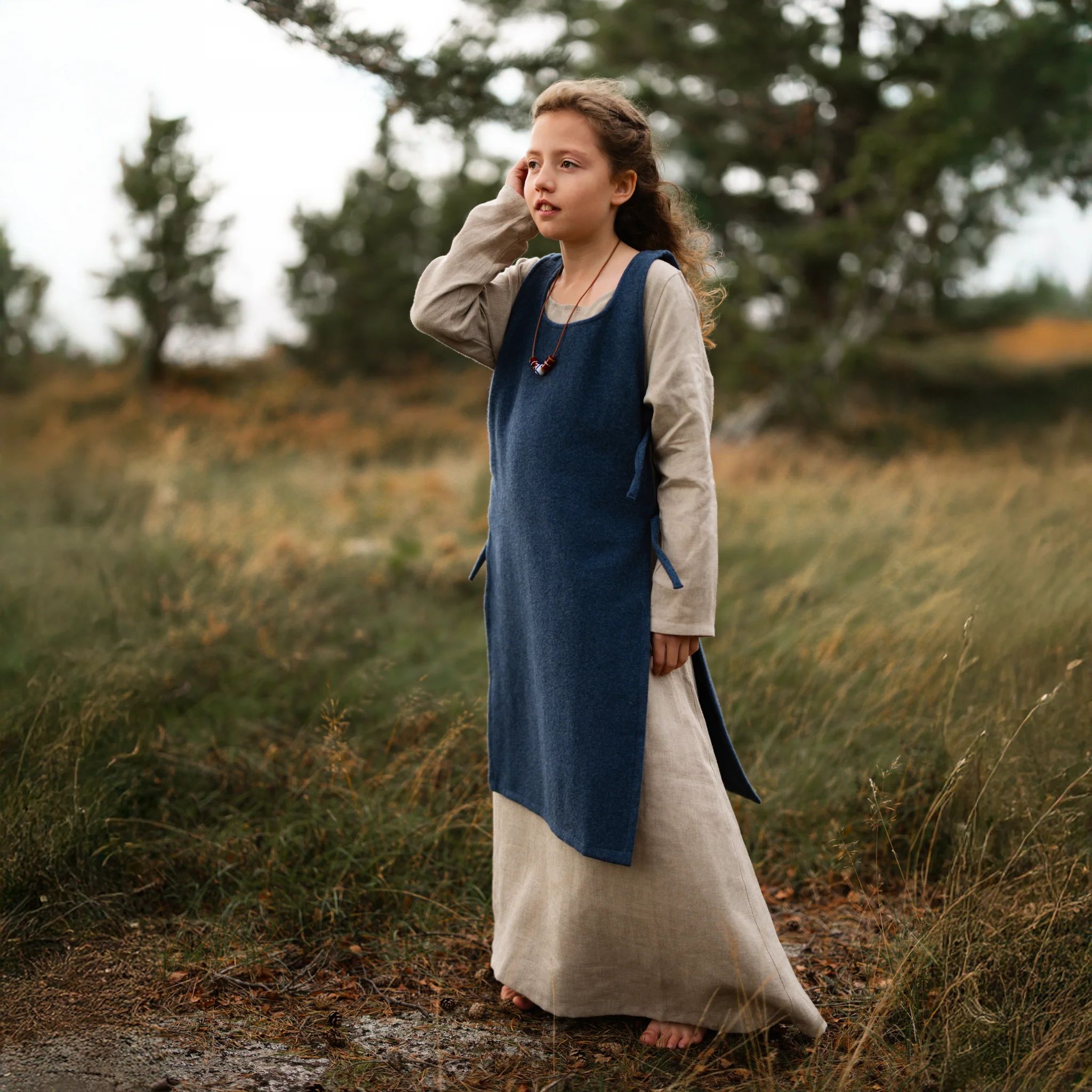 Kids Apron Dress, Natural / Blue Apron - Image 2