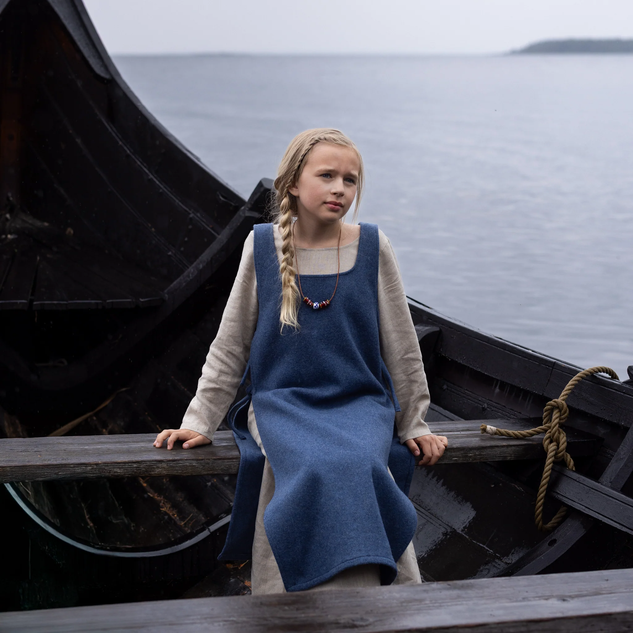 Kids Apron Dress, Natural / Blue Apron - Image 3