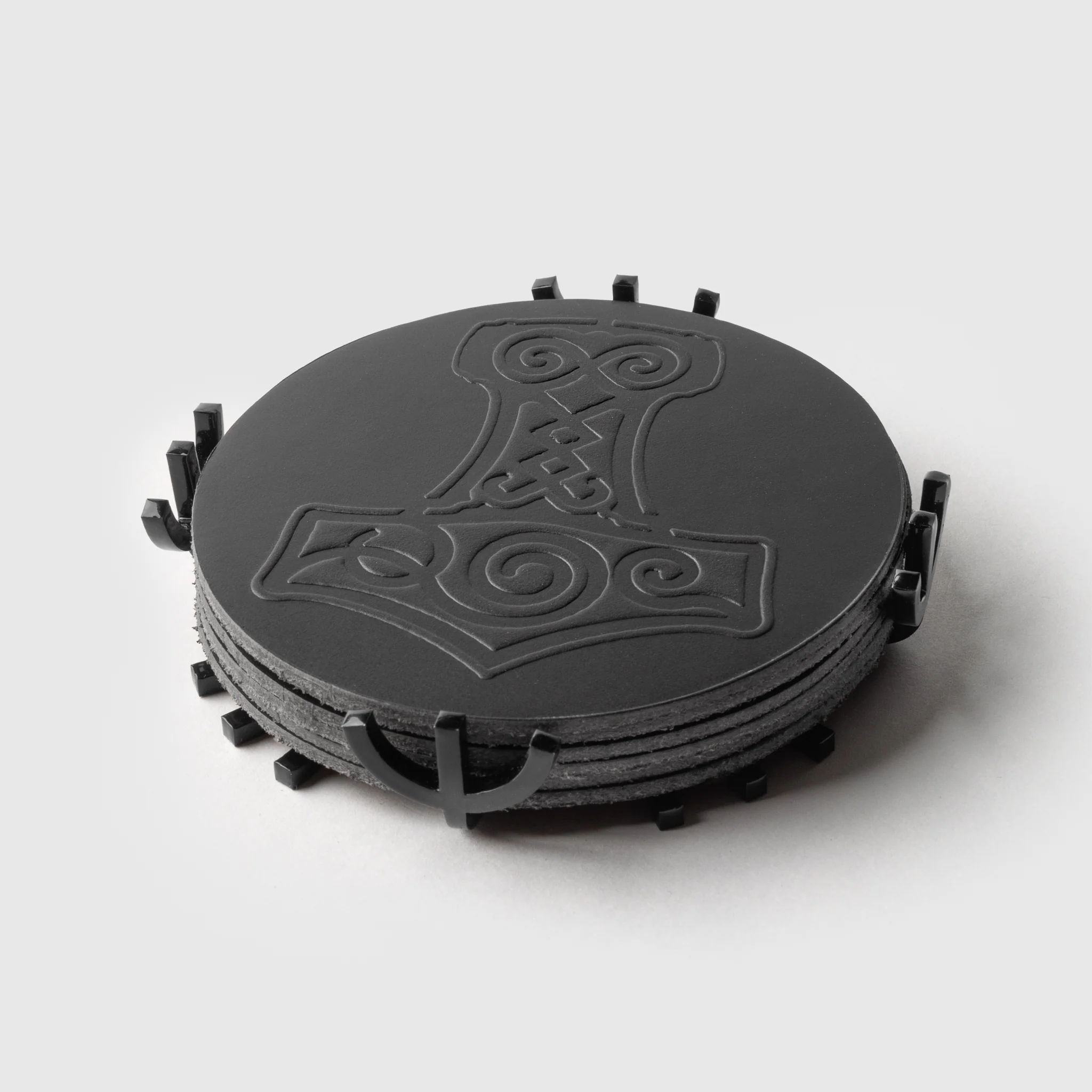 Mjolnir Coaster Set, Black Leather - Image 3