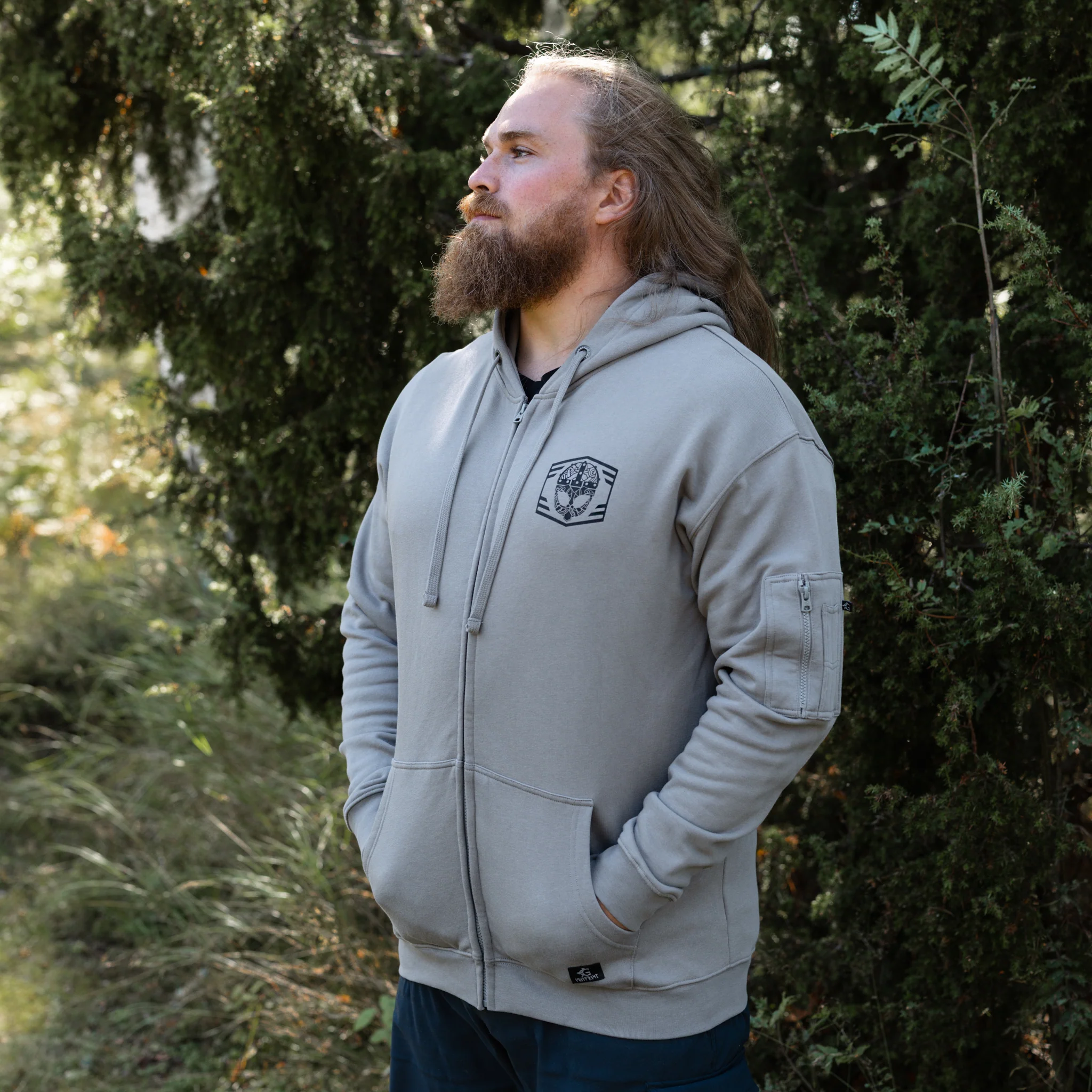 Premium Zip Hoodie, Clan Helmet, Grey
