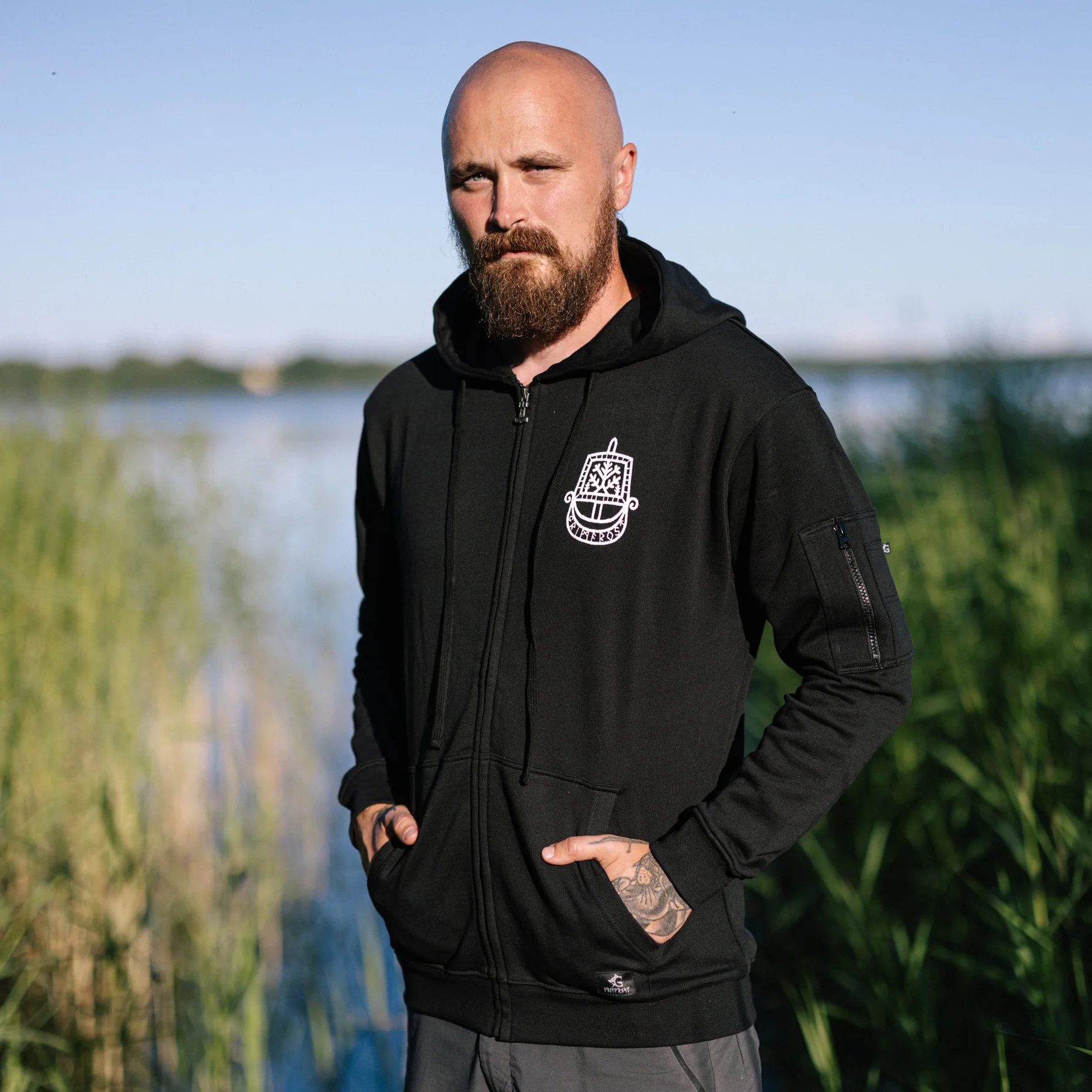 Premium Zip Hoodie, Runic Ship, Black