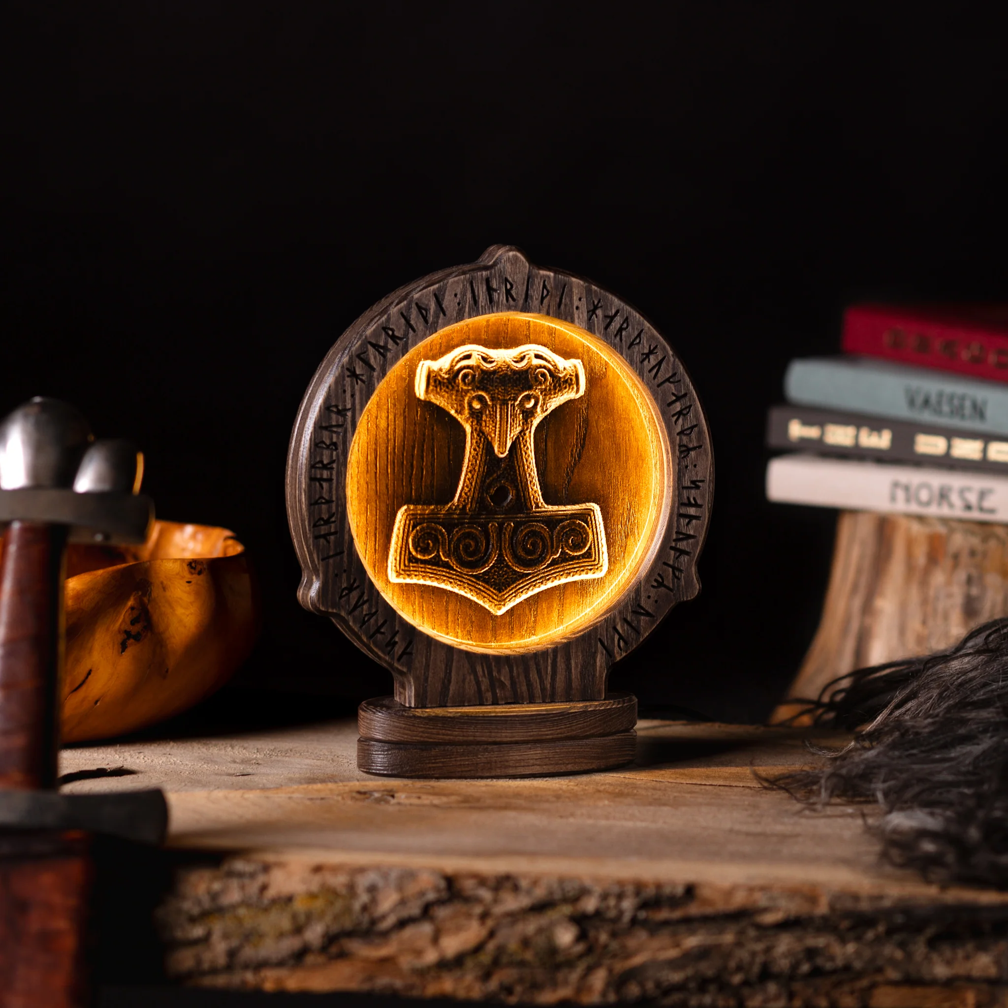 Runic Mjolnir Lamp, Oak