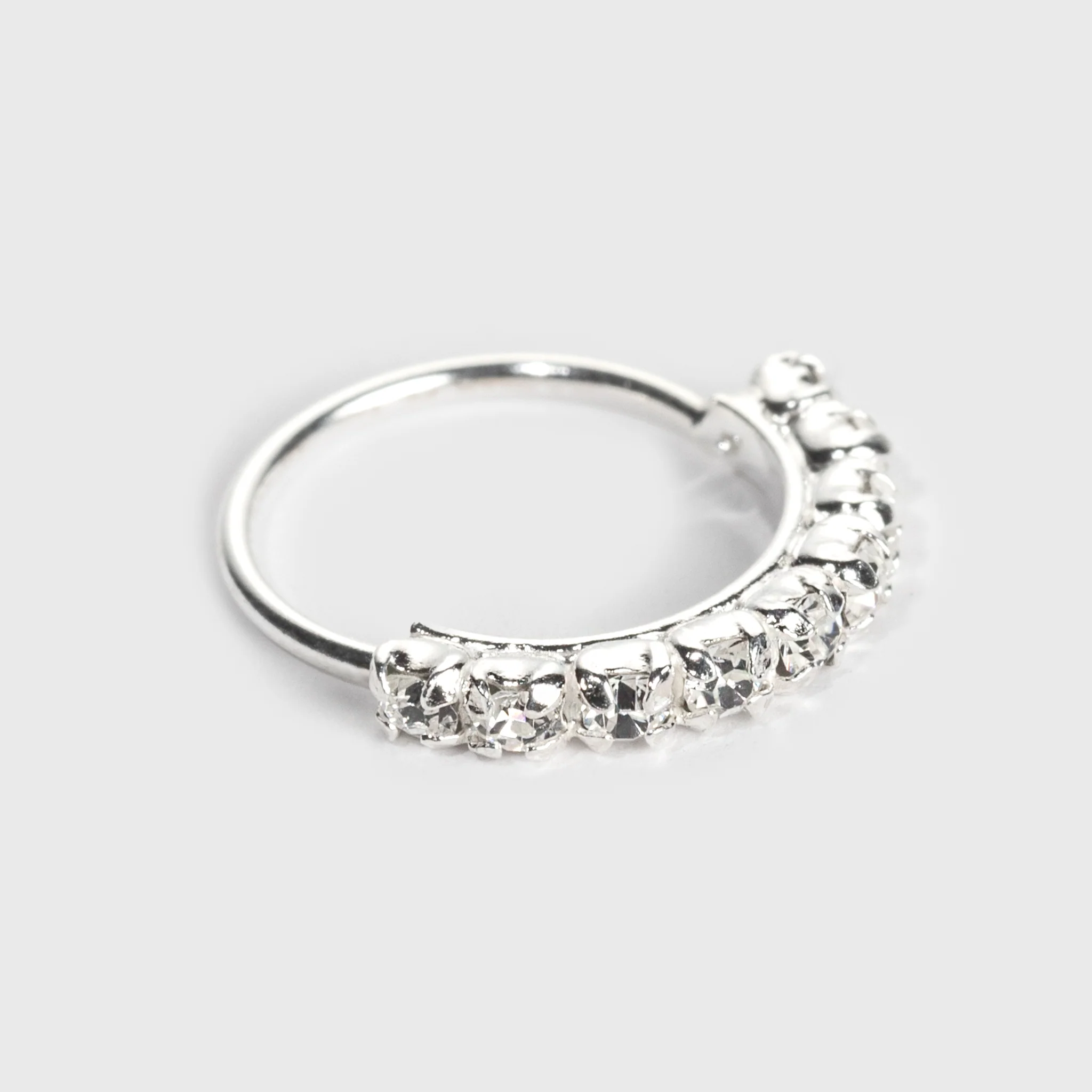 Silver Nose Ring, 9 clear Stones
