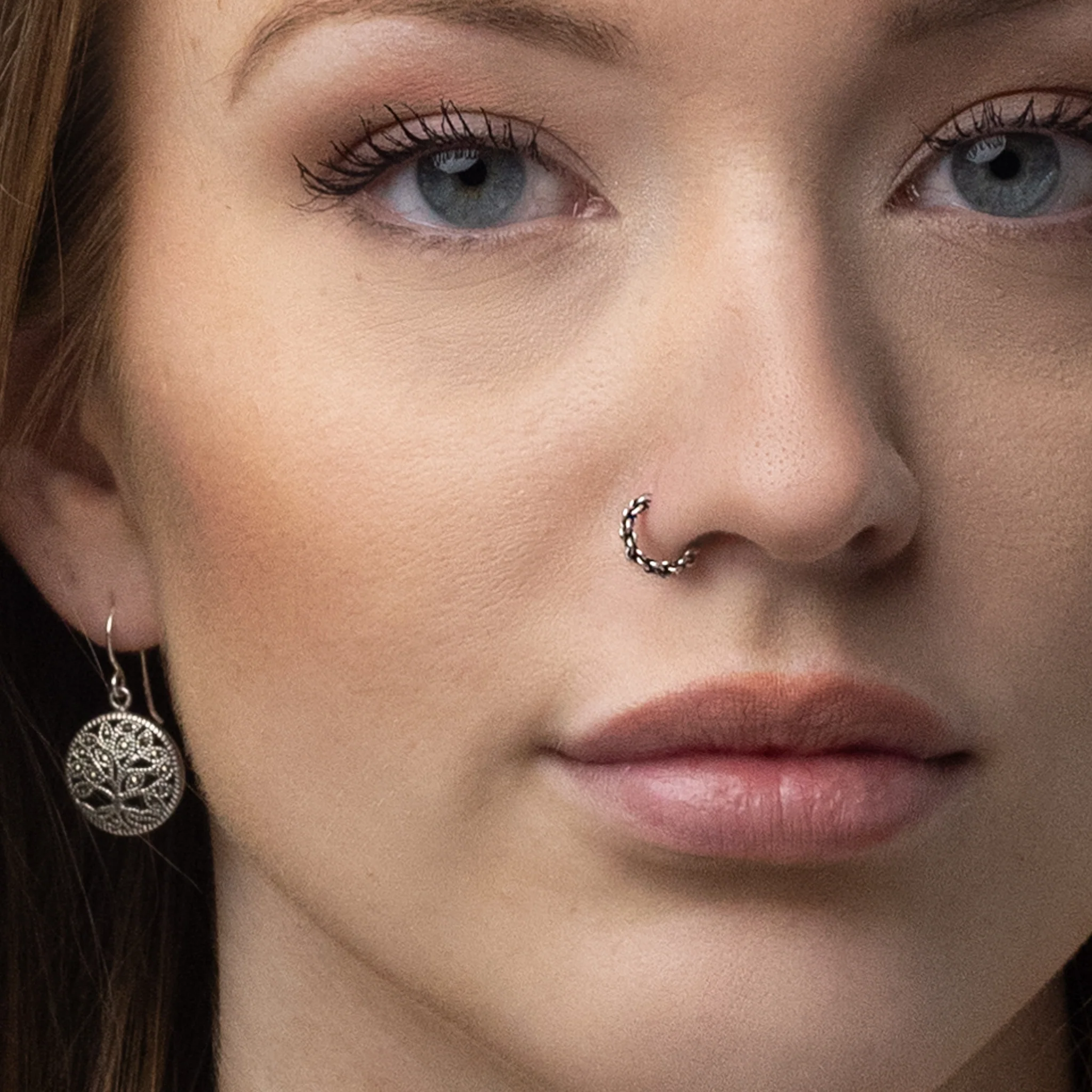 Silver Nose Ring, Braided Design with an oxidized finish - Image 2