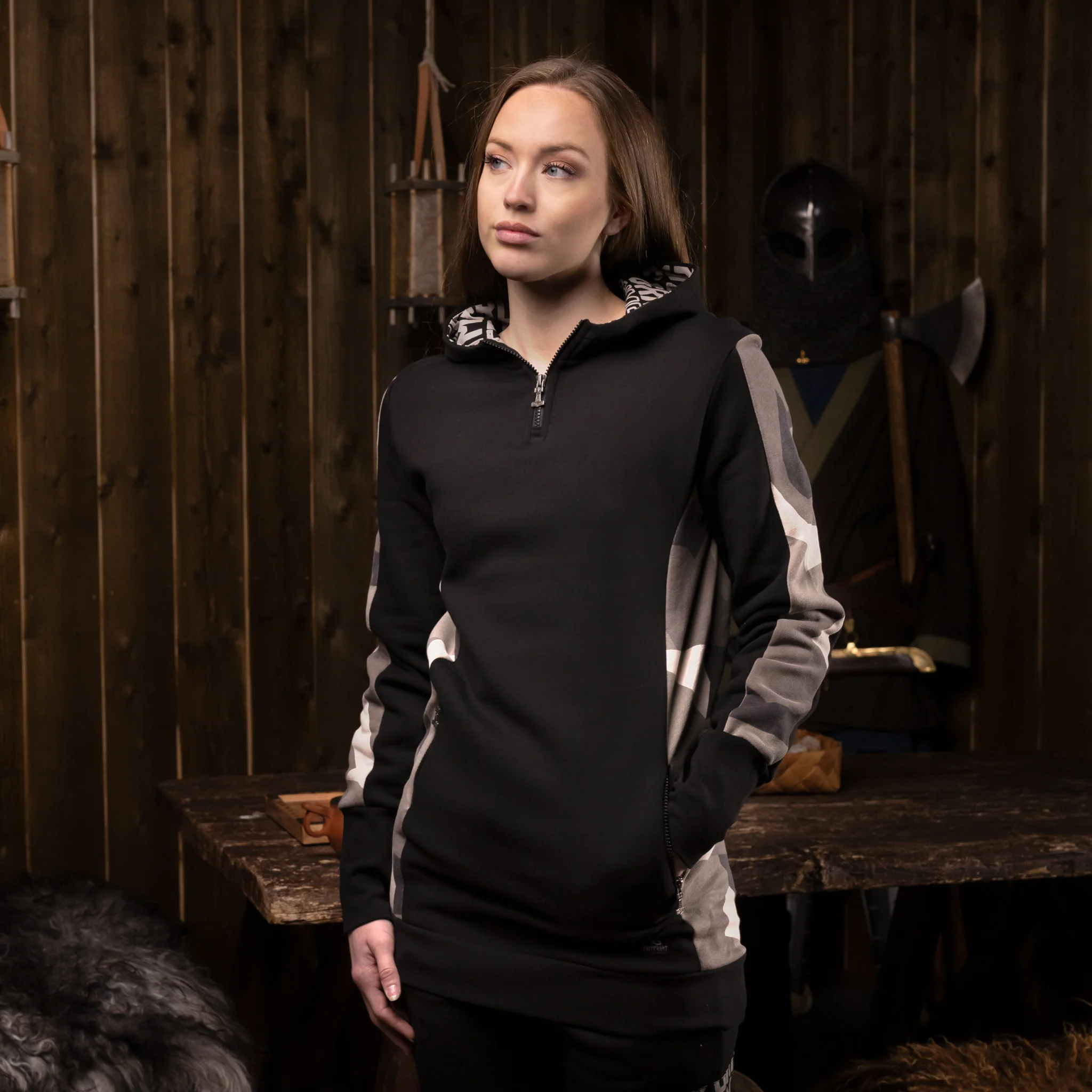 Women's Hoodie Half-Zip, Black and Camo - Image 3
