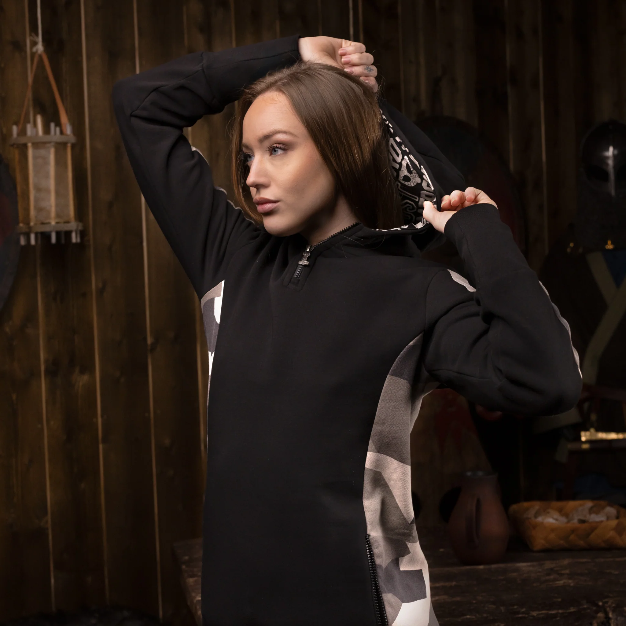 Women's Hoodie Half-Zip, Black and Camo - Image 9