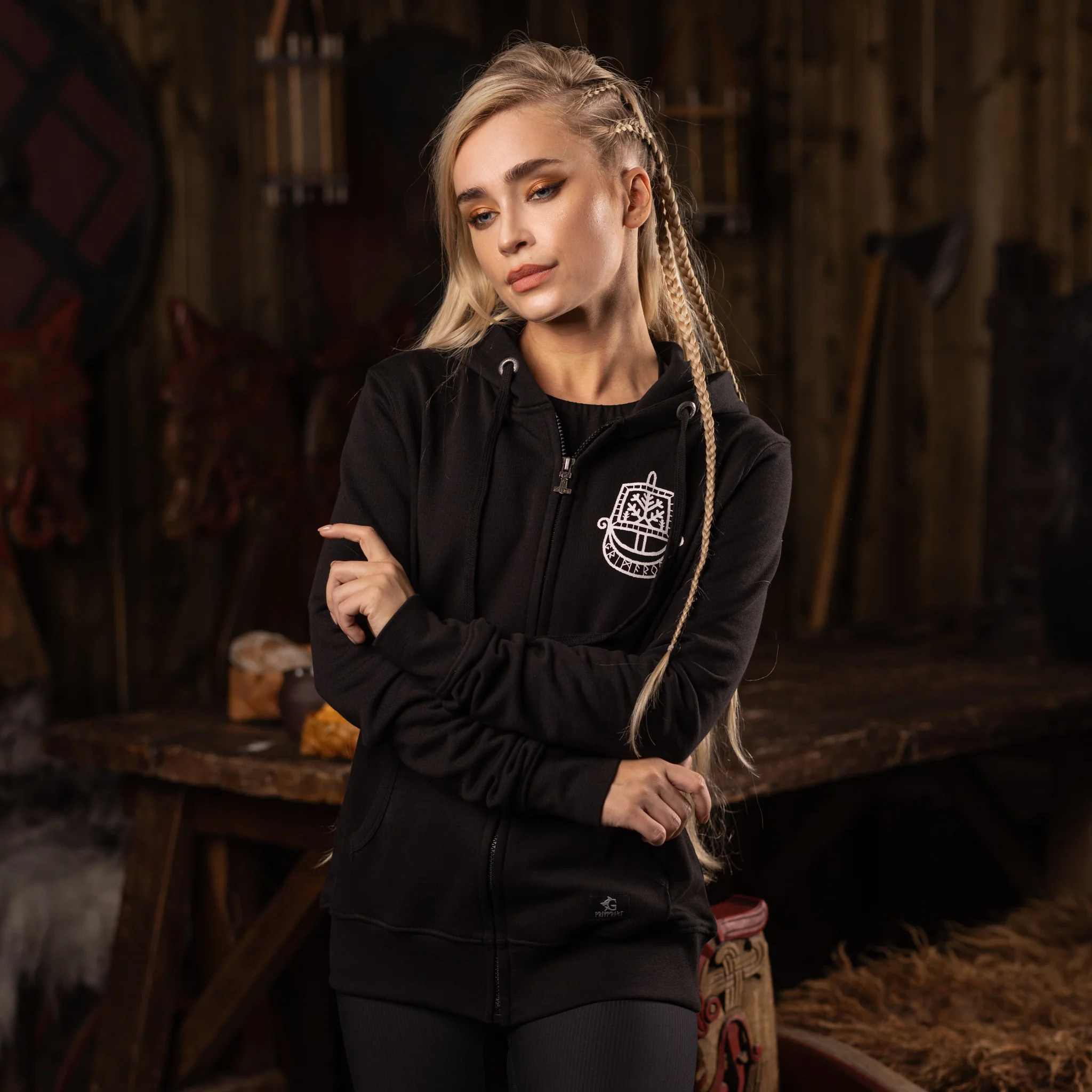 Women's Premium Zip Hoodie, Runic Ship, Black